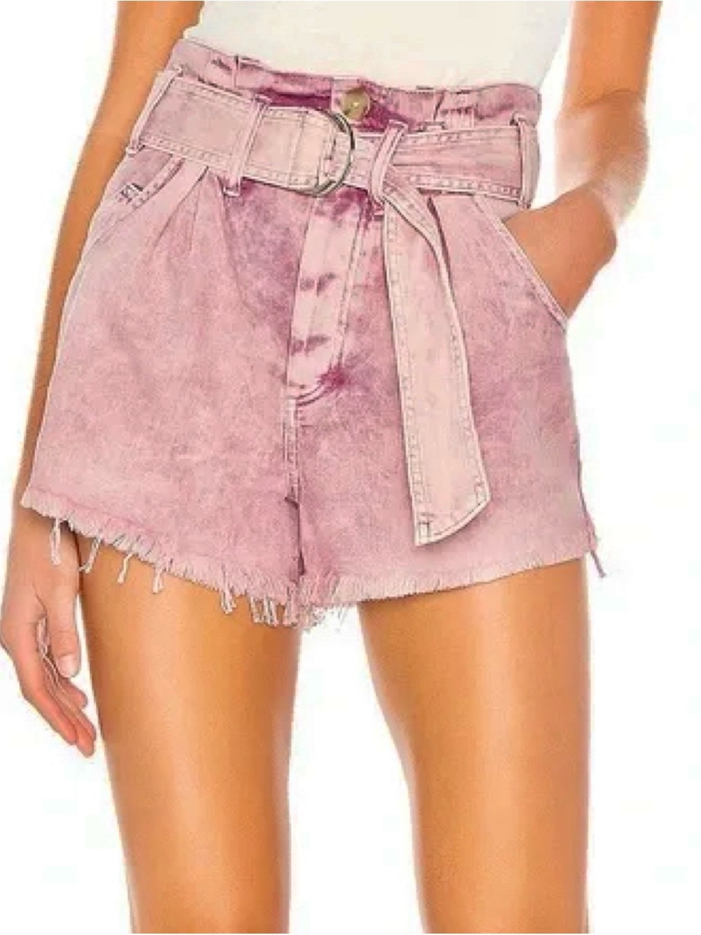 Free People Medium We The Free High-Waist Pink-Purple Belted Denim Shorts